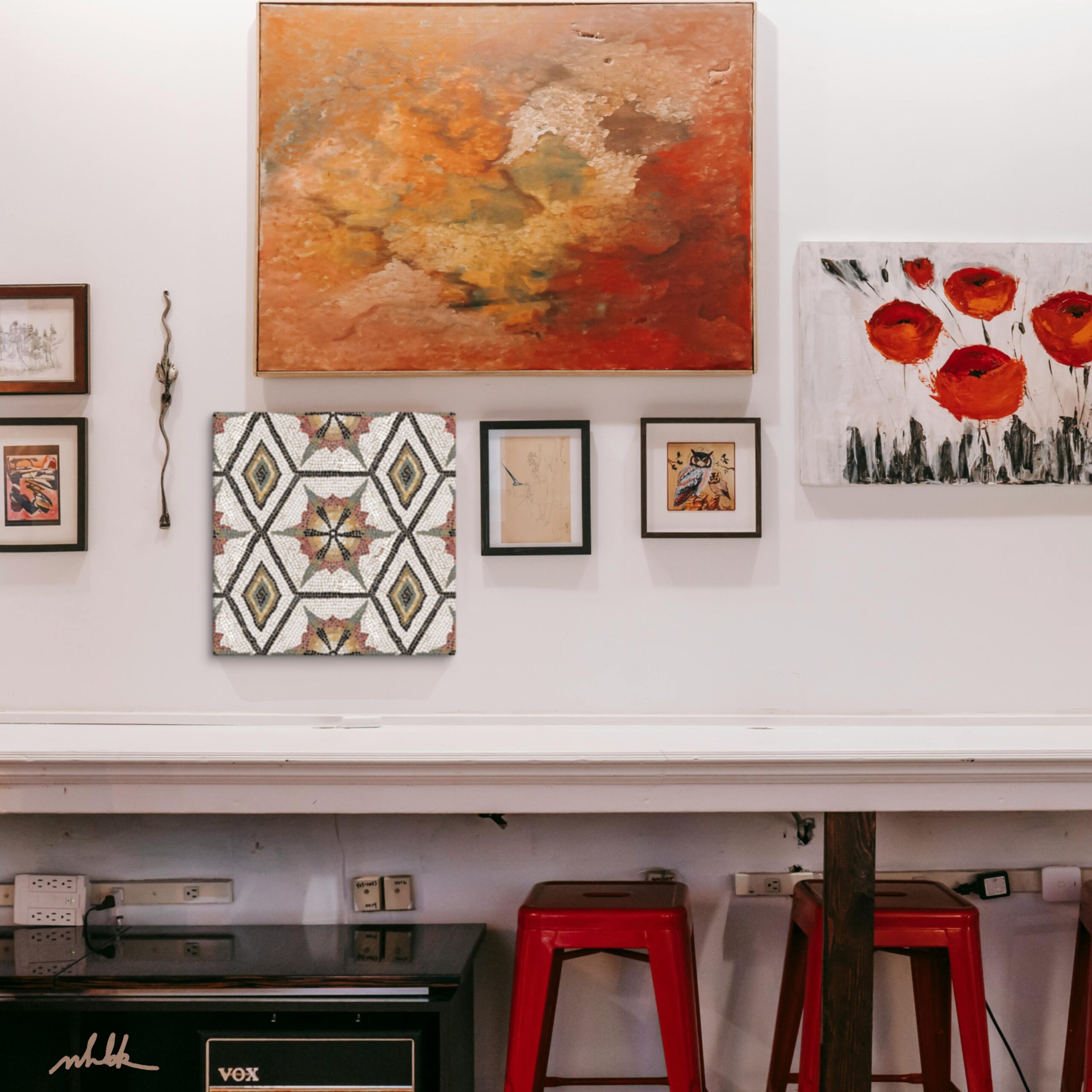 Ancient Roman mosaic from Tunisia featuring alternating diamonds and sunbursts.