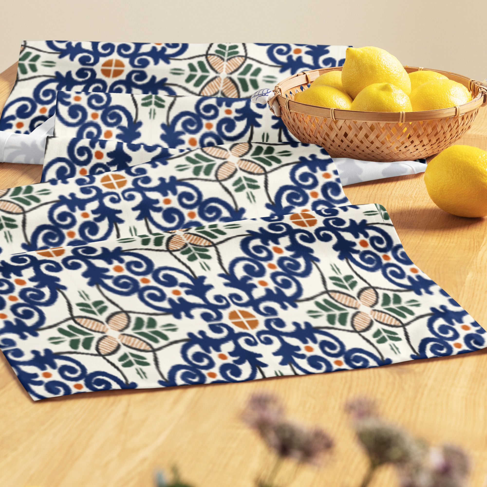 Table Runner // Wafa ( Blue Green Orange ) // Traditional Tunisian Tile