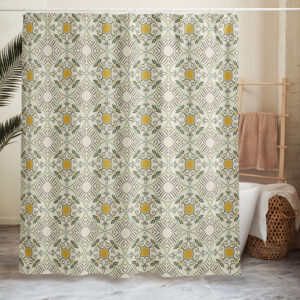 Shower Curtain // Lotus of Djerba // Vintage Tunisian Tile ( Green Black Yellow )