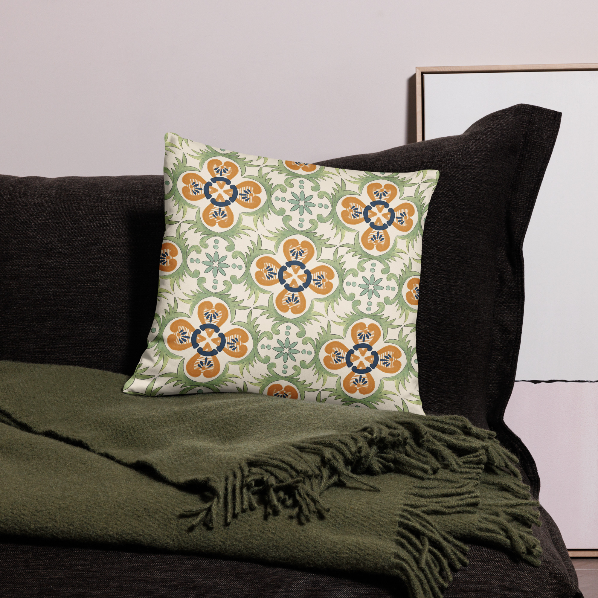 Throw Pillow // Star of Venus Palace Tile ( Sage Ochre Bleu ) - Image 4