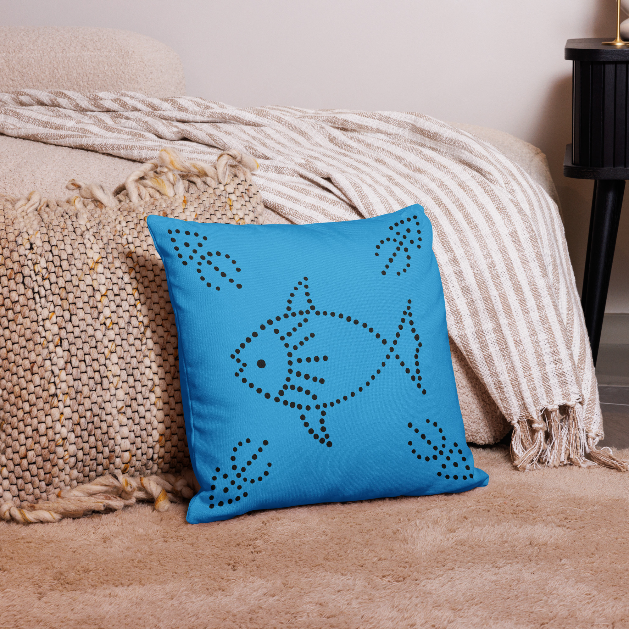 Mediterranean decorative pillow Tunisian blue door fish design coastal boho throw pillow